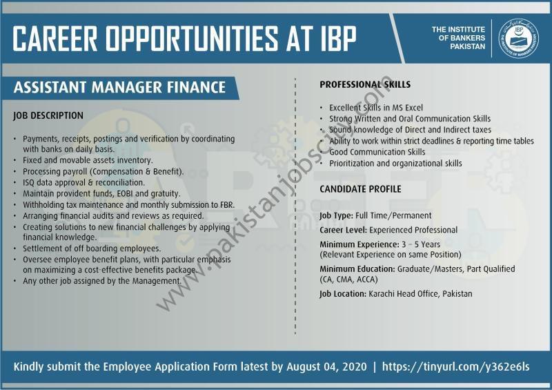 The Institute Of Bankers Pakistan IBP Jobs Assistant Manager Finance