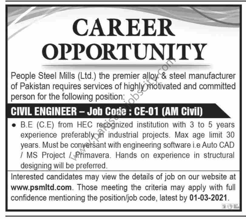 People Steel Mills Ltd PSML Jobs 14 February 2021 Dawn Picture