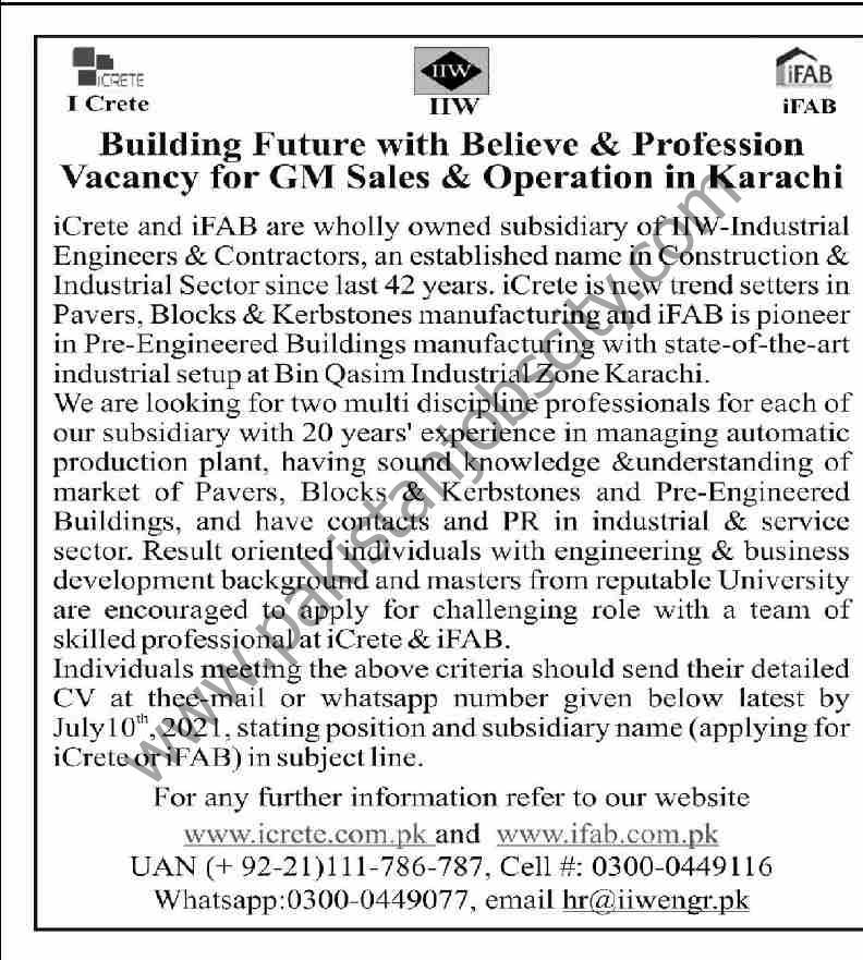 IIW Indusrial Engineers & Contrators Jobs 27 June 2021 Dawn 01
