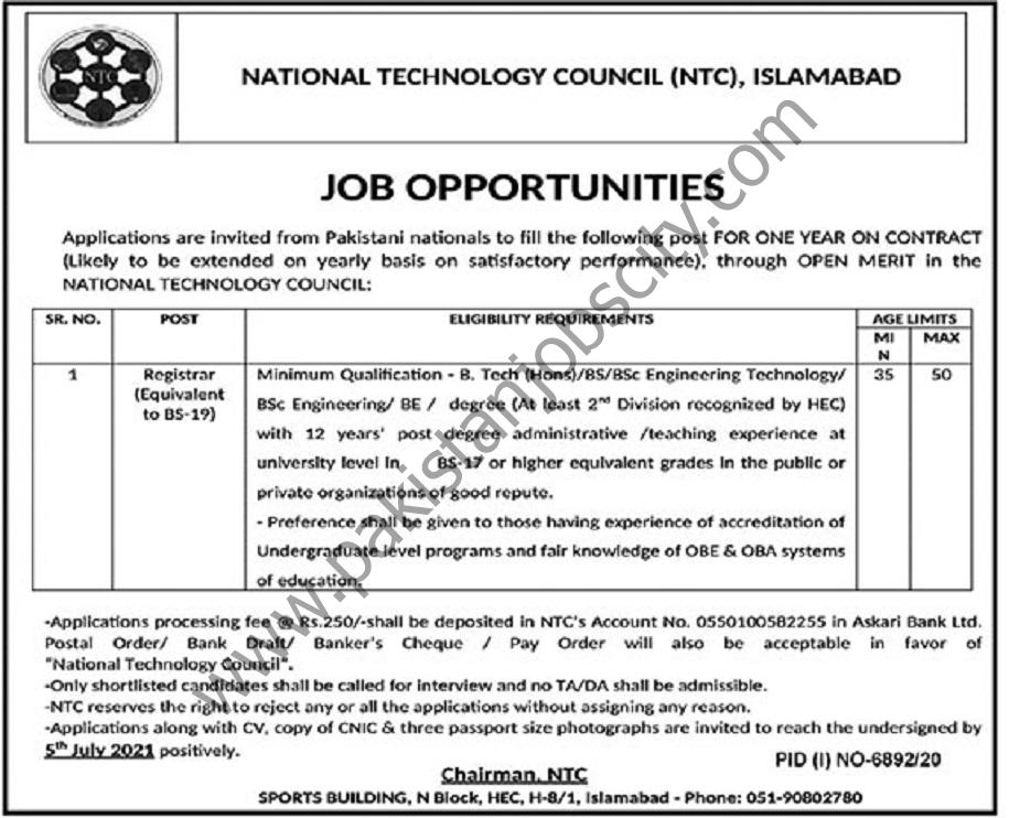 National Technology Council NTC Jobs 20 June 2021 Khabrain