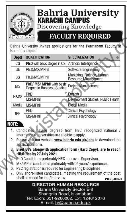 Bahria University Jobs 18 July 2021 Express Tribune