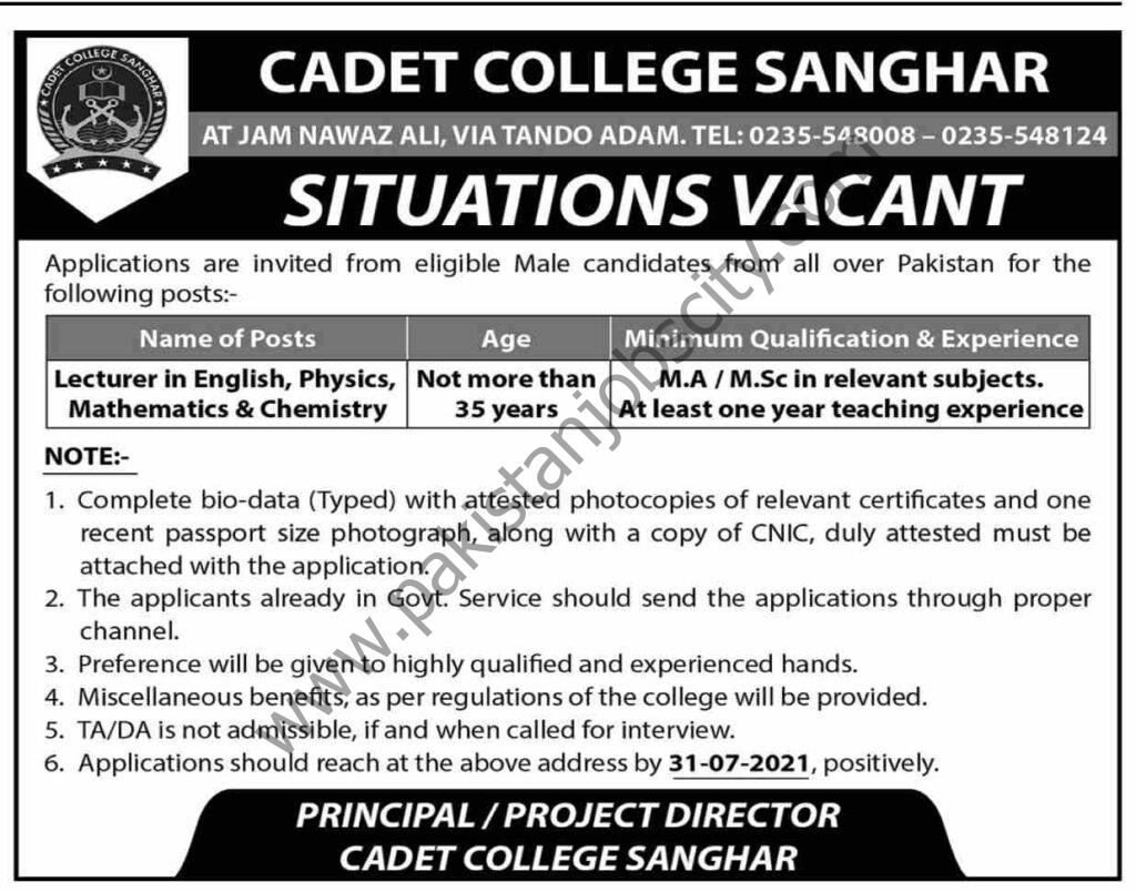 Cadet College Sanghar Jobs 11 July 2021 Dawn