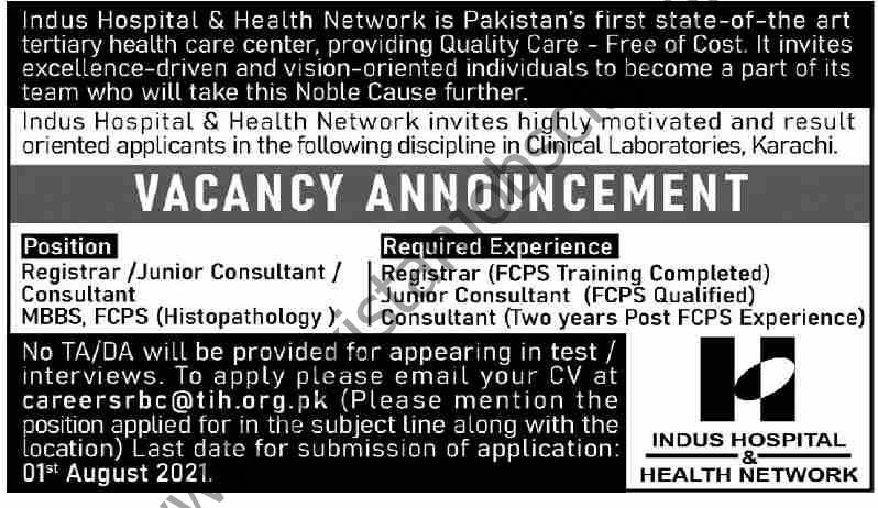 Indus Hospoital & Health Network Jobs 18 July 2021 Dawn
