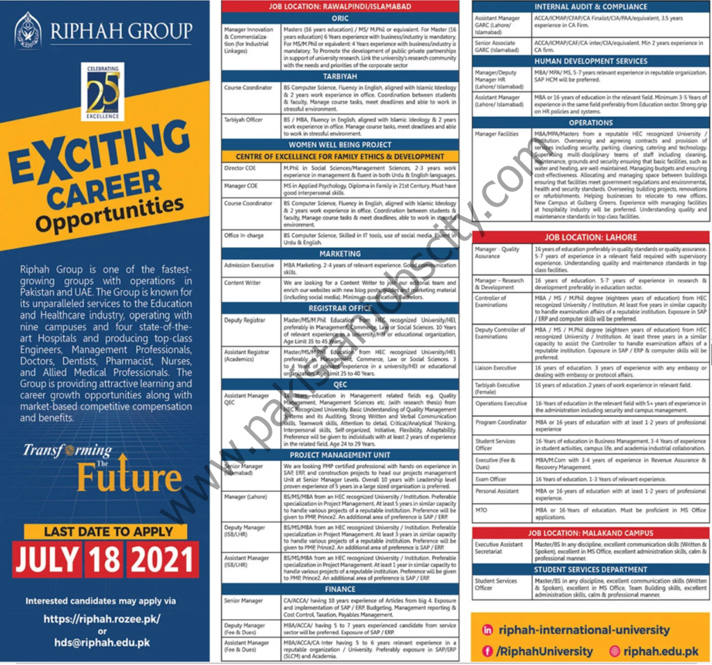 Riphah Group Jobs 04 July 2021 The News