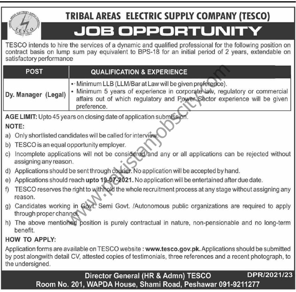 Tribal Areas Electric Supply Company TESCO Jobs 04 July 2021 Dawn