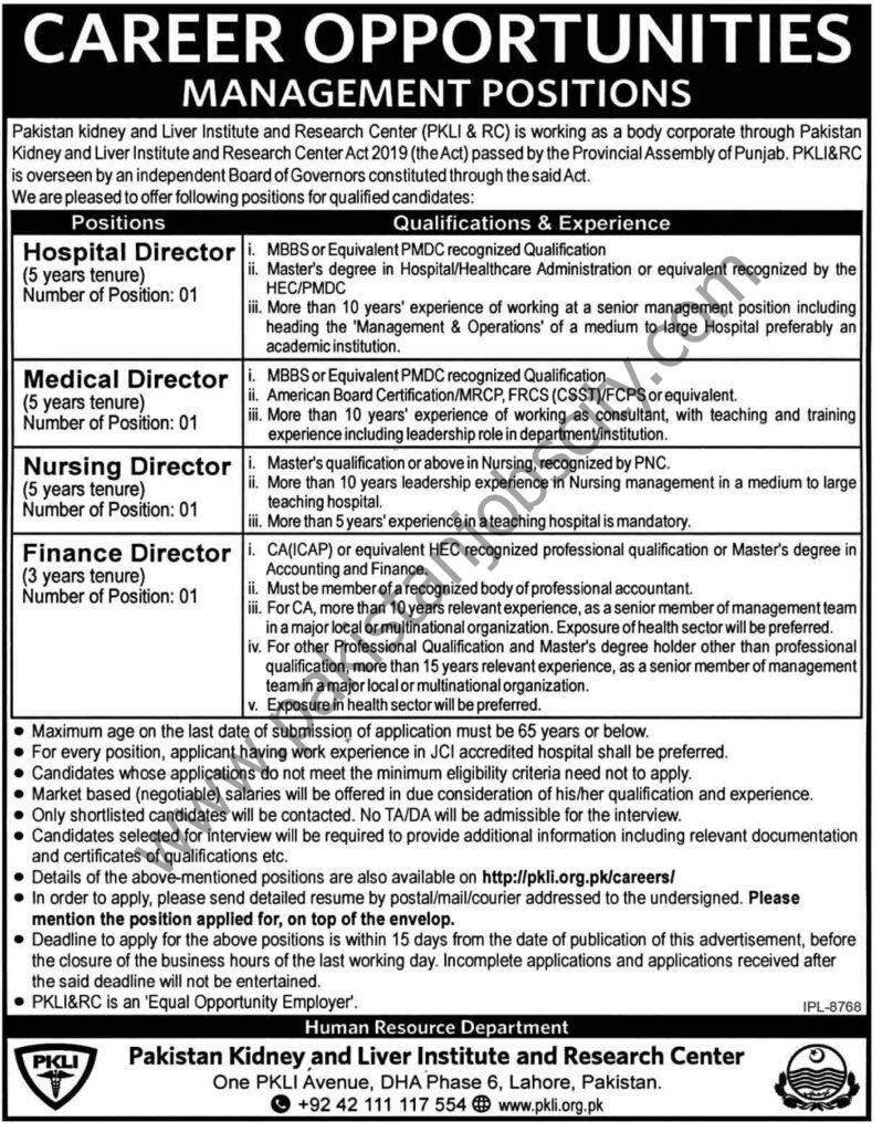 Pakistan Kidney & Liver Institute & Research Center PKLI & RC Jobs 29 August 2021 Dawn