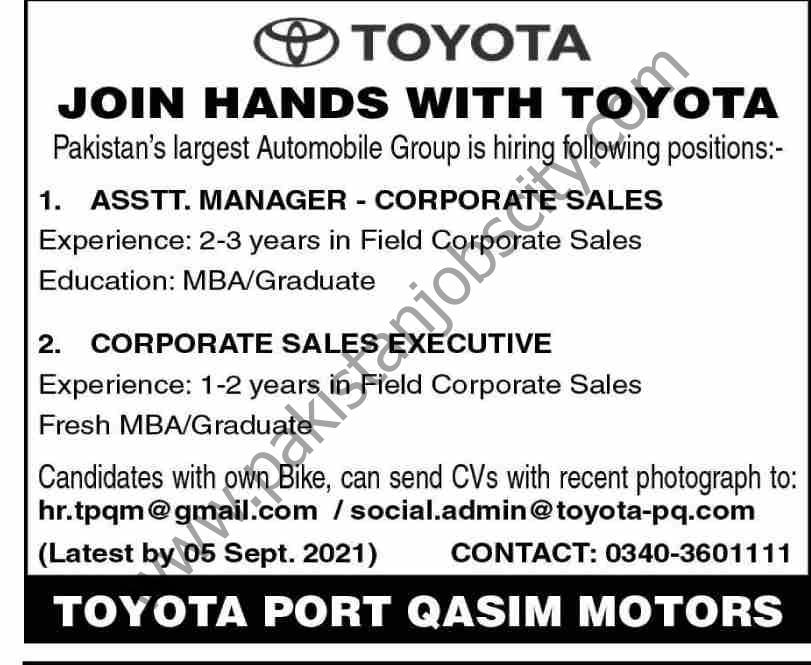 Toyota Port Qasim Motors Jobs 29 August 2021 Dawn 01