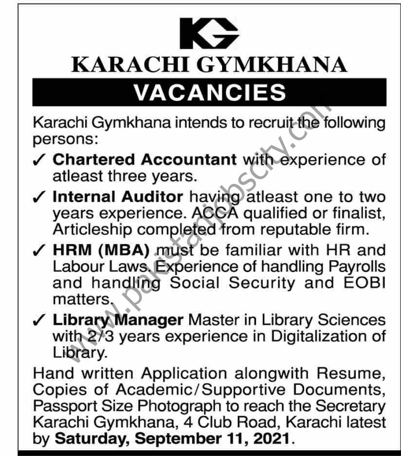 Karachi Gymkhana Jobs 05 September 2021 Dawn 01