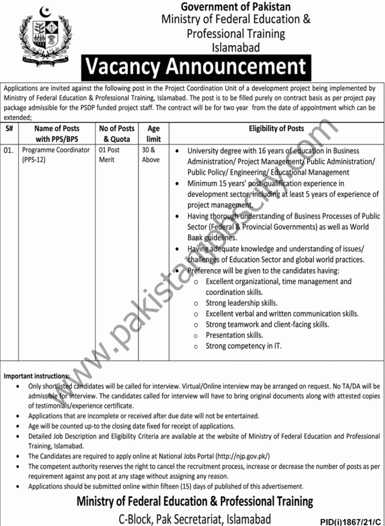 Ministry of Federal Education & Professional Training Jobs 26 September 2021 Nawaiwaqt 01