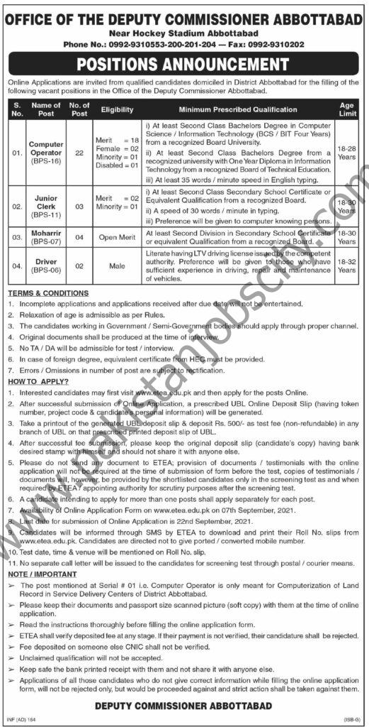 Office of The Deputy Commissioner Abbottabad Jobs 05 September 2021 Dawn 01