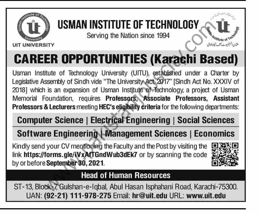 Usman Institute of Technology University UITU Jobs September 2021 01