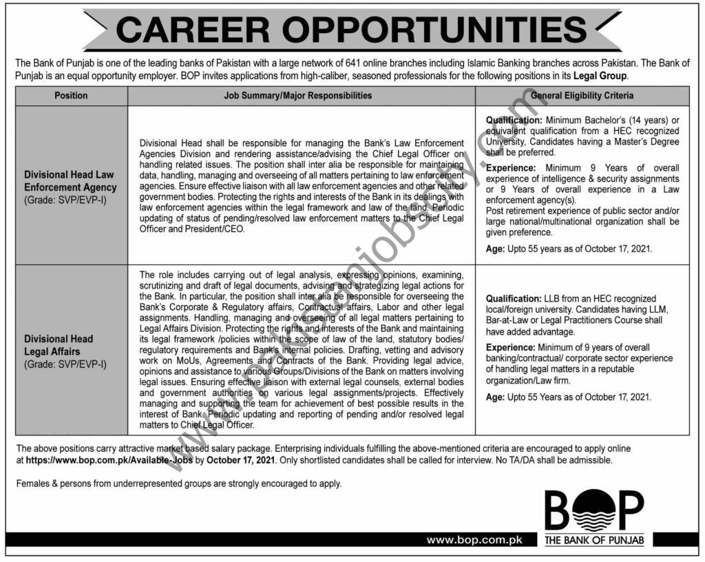 Bank of Punjab BOP Jobs 03 October 2021 Dawn 02