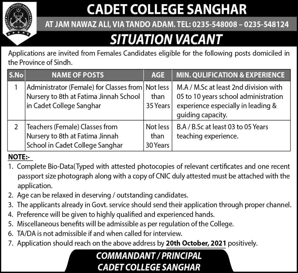 Cadet College Sanghar Jobs 03 October 2021 Express 01