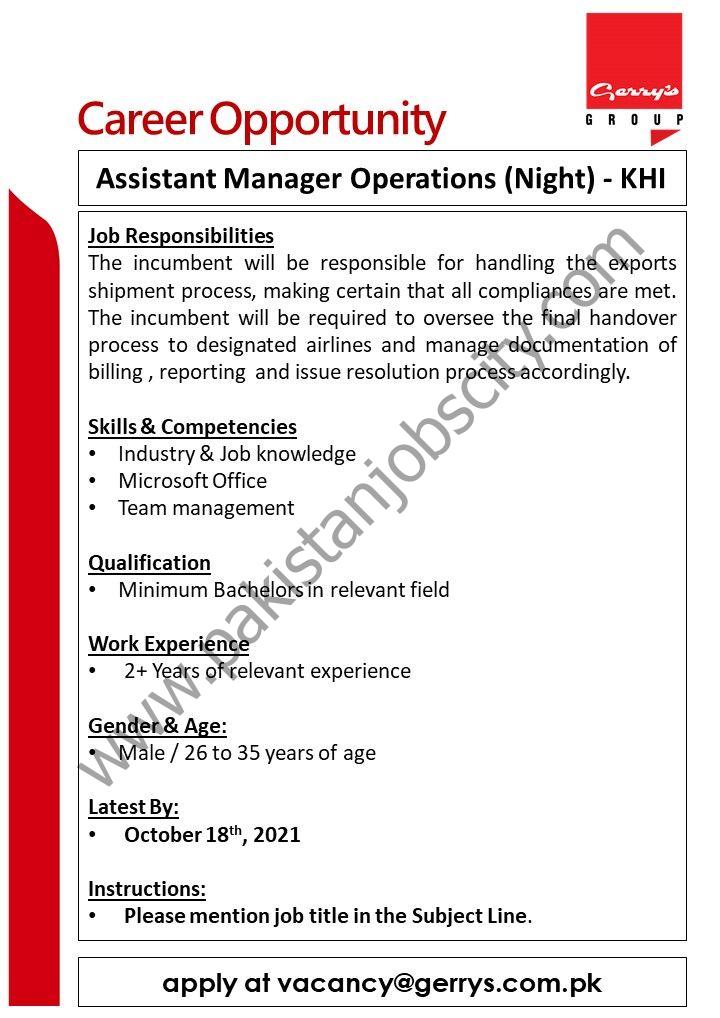 Gerry's International Group Jobs Assistant Manager Operations (Night) 01