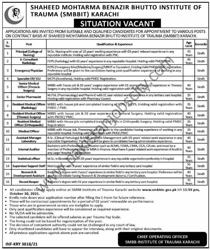 Shaheed Mohtarma Benazir Bhutto Institute of Trauma SMBBIT Jobs 10 October 2021 Dawn 01