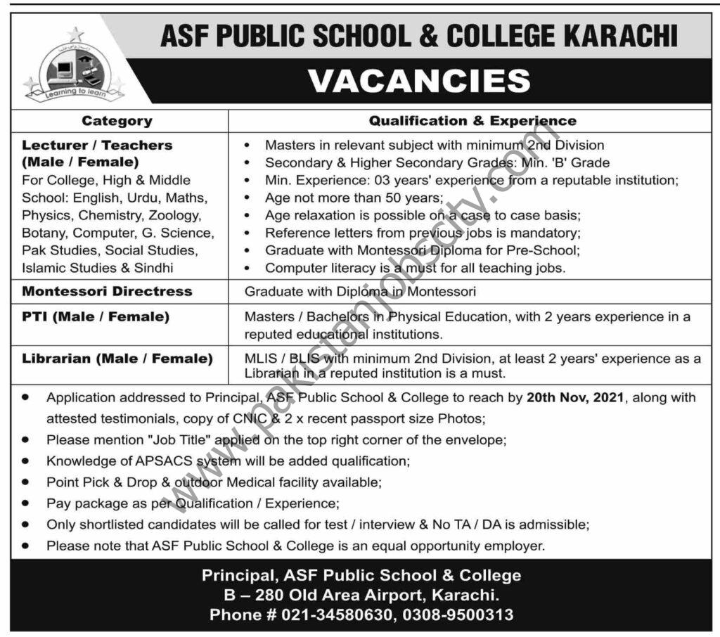 ASF Public School & College Karachi Jobs 14 November 2021 Dawn 01