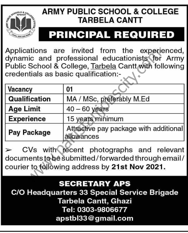 Army Public School & College Tarbela Cantt Jobs 14 November 2021 Dawn 01