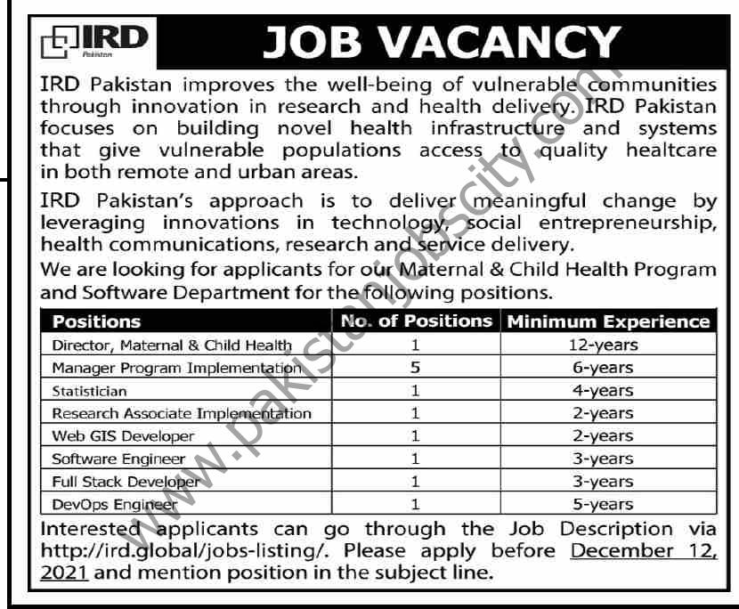 IRD Pakistan Jobs 28 November 2021 Dawn