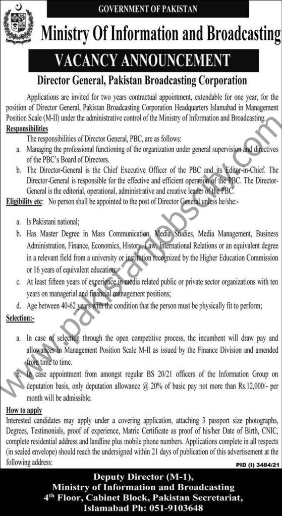 Ministry of Information & Broadcasting Jobs 28 November 2021 Express 