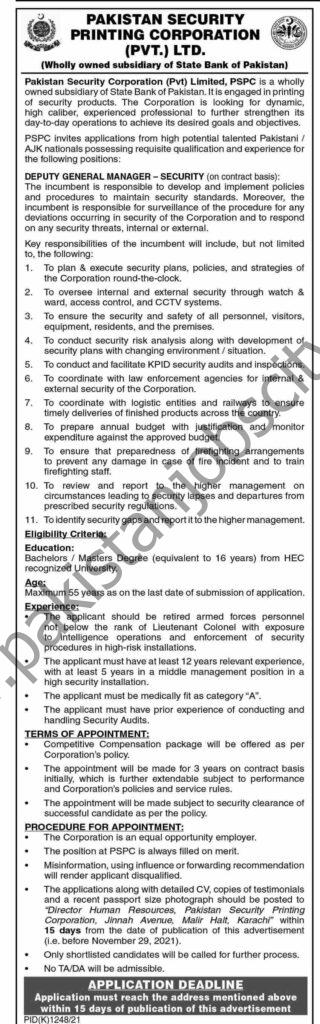 Pakistan Security Printing Corporation Pvt Ltd Jobs Deputy General Manager Security 01