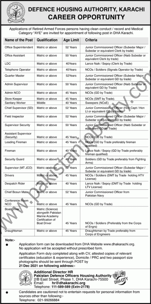 Defence Housing Authority Karachi Jobs 05 December 2021 Nawaiwaqt