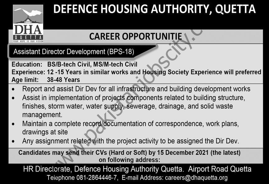 Defence Housing Authority Quetta Jobs 05 Decemeber 2021 Express 