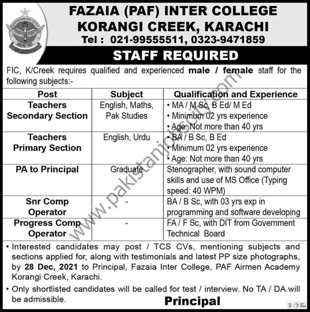Fazaia PAF Inter College Korangi Creek Karachi Jobs 19 December 2021 Express