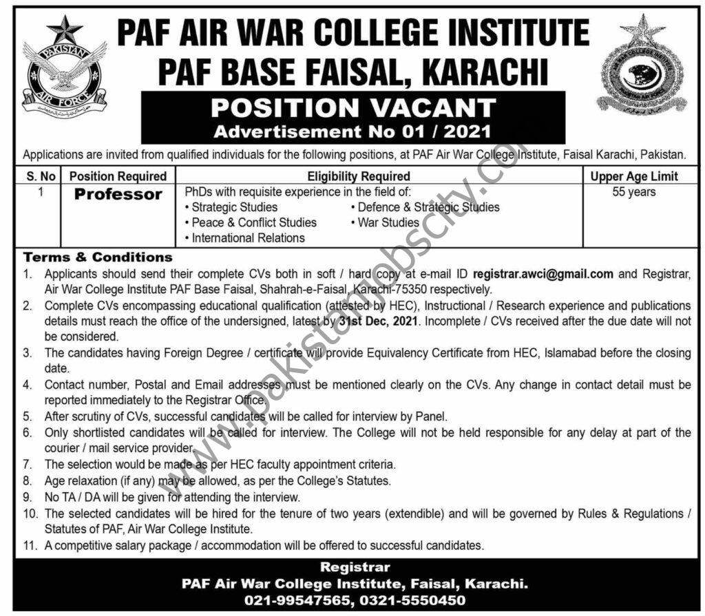 PAF Air War College Institute PAF Base Faisal Karachi Jobs 19 December 2021 Dawn