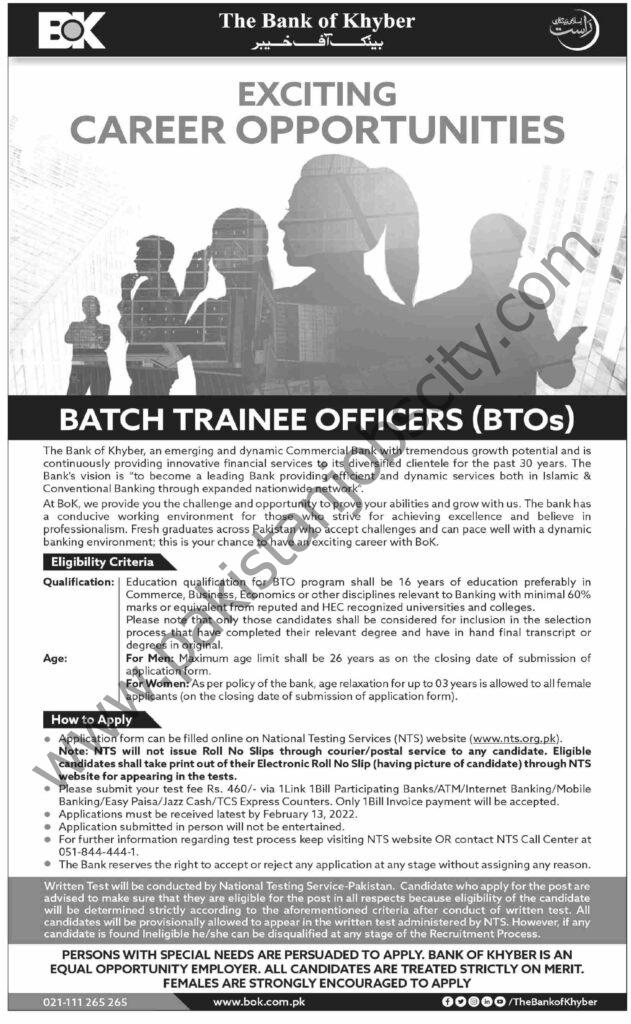 Bank Of Khyber BOK Batch Trainee Officer BTO Jobs 30 Janaury 2022 Dawn
