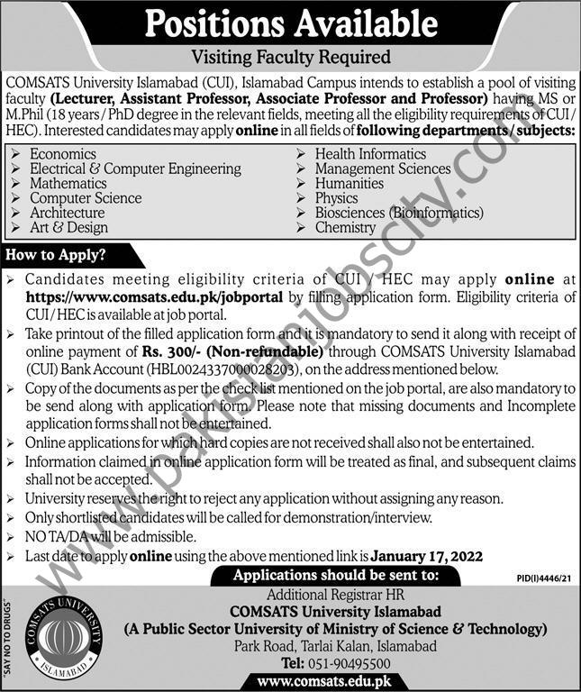 COMSATS University Islamabad CUI Jobs 02 January 2022 Express