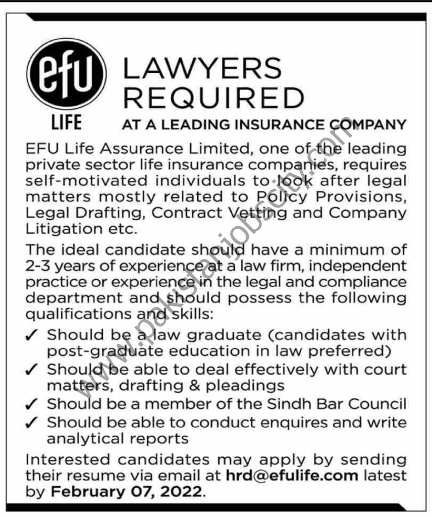 EFU Life Assurance Ltd Jobs 23 January 2022 Dawn