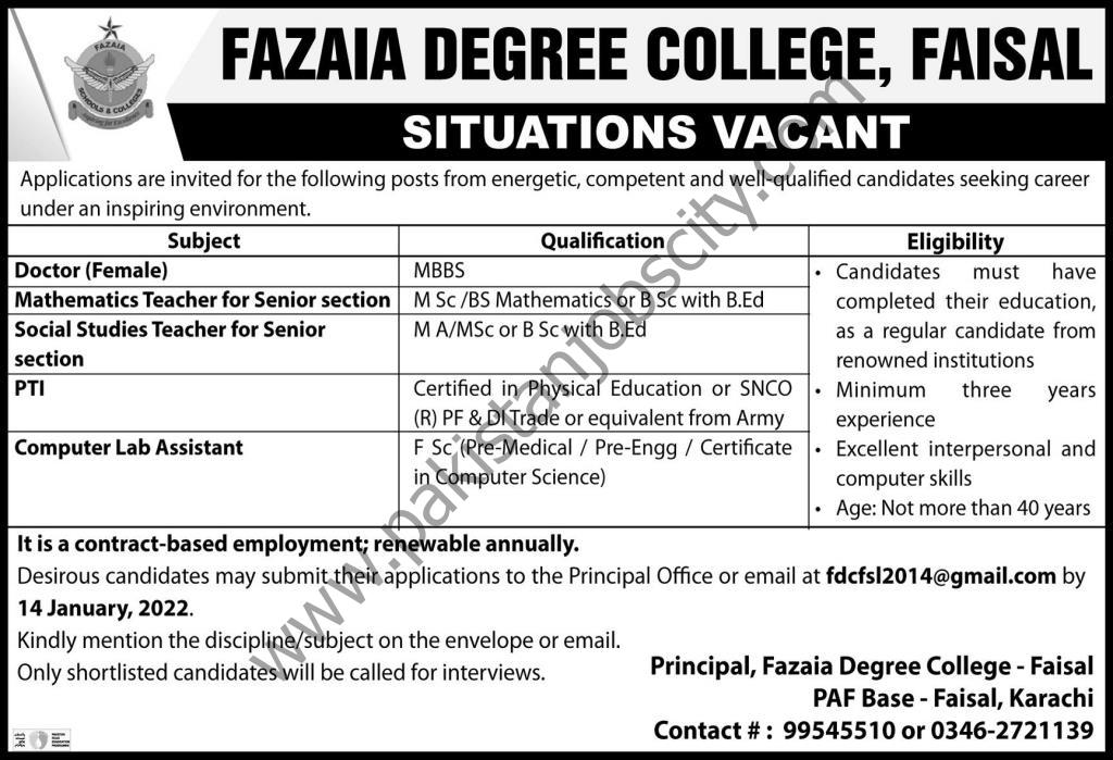 Fazaia Degree College Faisal Jobs 09 January 2022 Express