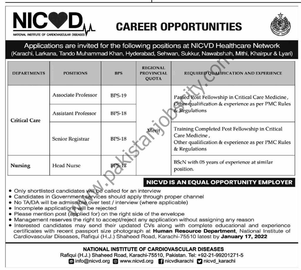 National Institute of Cardiovascular Diseases NICVD Jobs 02 January 2022 Dawn