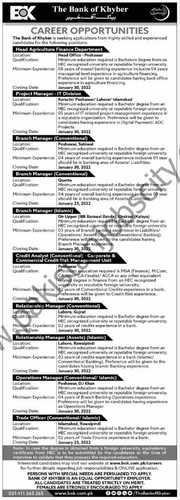The Bank of Khyber BOK Jobs 16 January 2022 Dawn