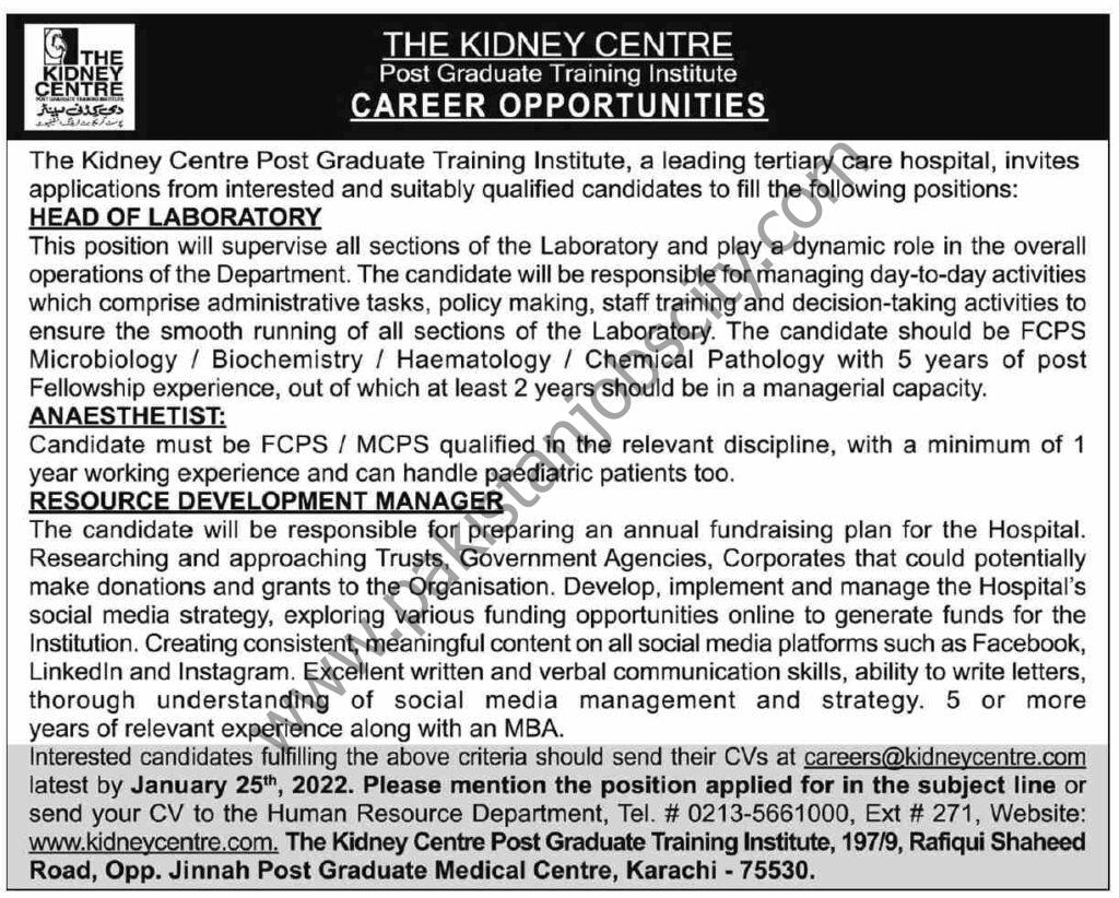 The Kidney Centre Jobs 16 January 2022 Dawn