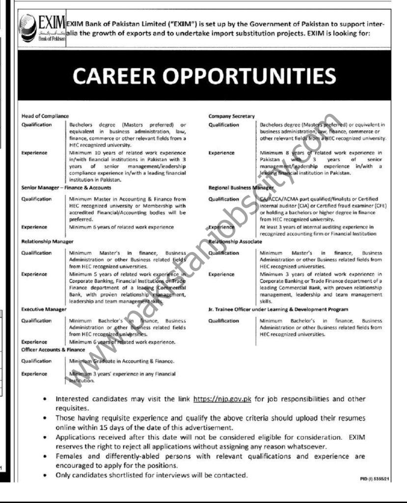 EXIM Bank Of Pakistan Ltd Jobs 06 February 2022 Express Tribune 01