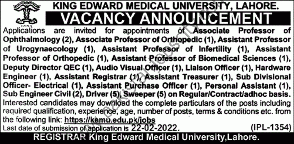 King Edwards Medical University Lahore Jobs 06 February 2022 Nawaiwaqt 01