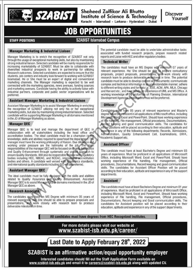 Szabist Jobs 13 February 2022 Express Tribune 01