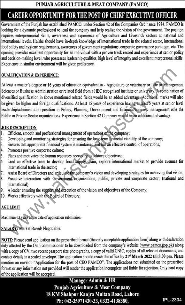 Punjab Agricultural & Meat Company PAMCO Jobs 04 March 2022 Express 01