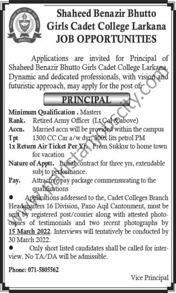 Shaheed Benazir Bhutto Girls Cadet College Larkana Jobs 03 March 2022 Express 01