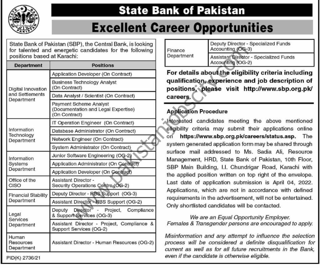 State Bank Of Pakistan SBP Jobs 20 March 2022 Express 01