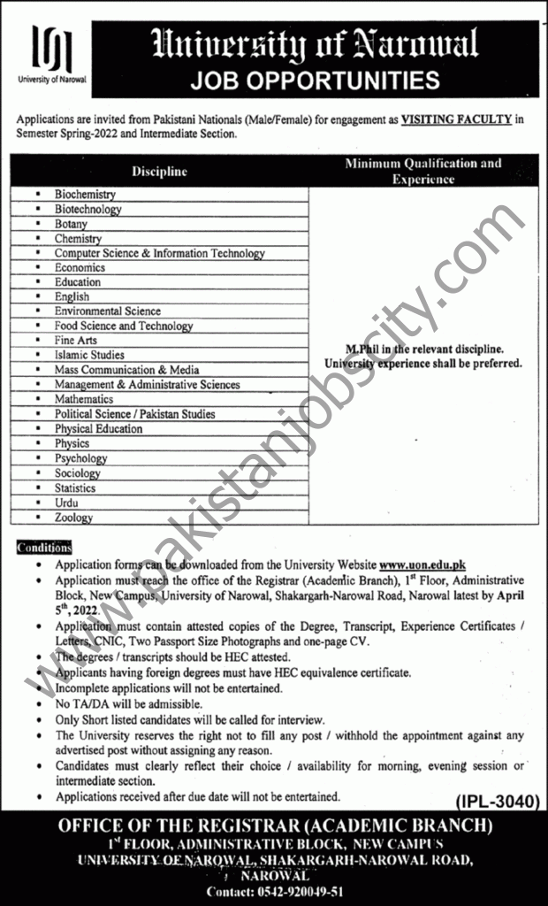 University Of Narowal Jobs 20 March 2022 Express Tribune 01