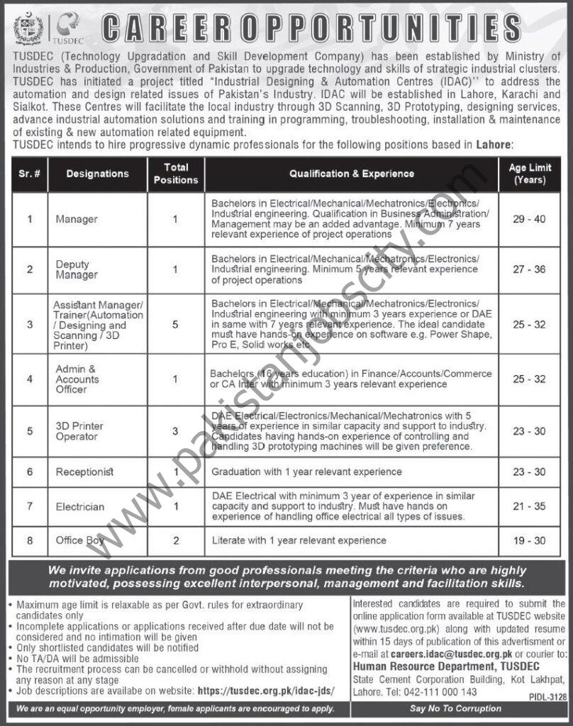 TUSDEC Technology Upgradation & Skill Development Company Jobs 03 April 2022 Express Tribune 01
