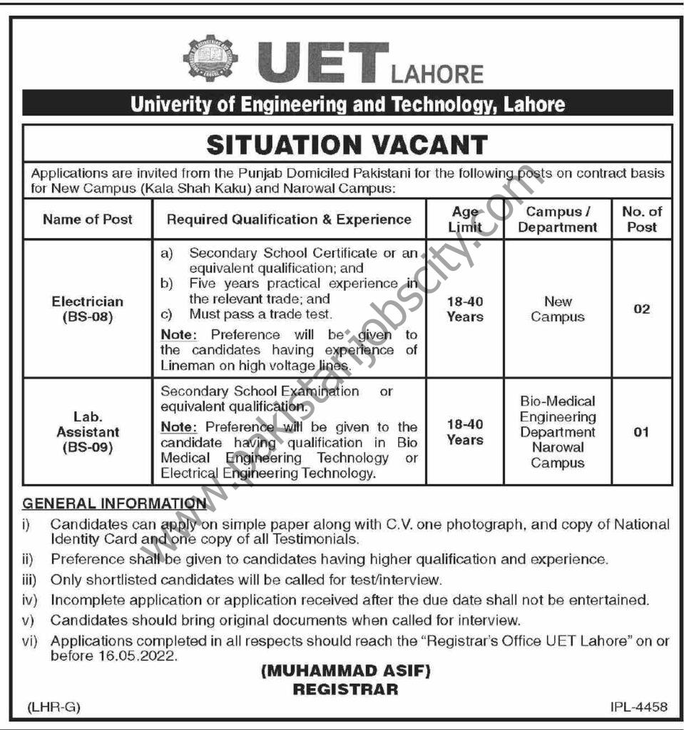 University of Engineering & Technology UET Lahore Jobs 28 April 2022 Dawn 01