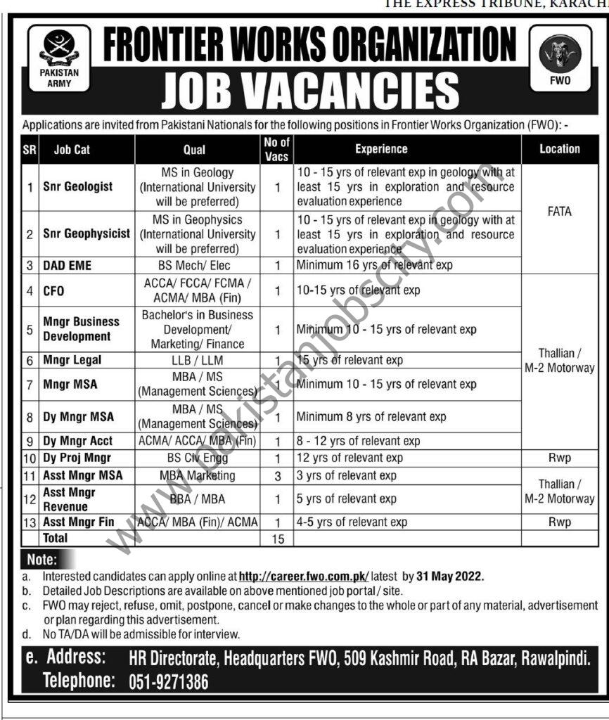 Frontier Works Organizations FWO Jobs 15 May 2022 Tribune Express1