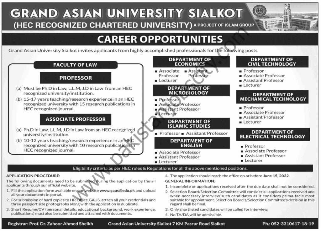 Grand Asian University Sialkot Jobs 22 May 2022 Dawn 1