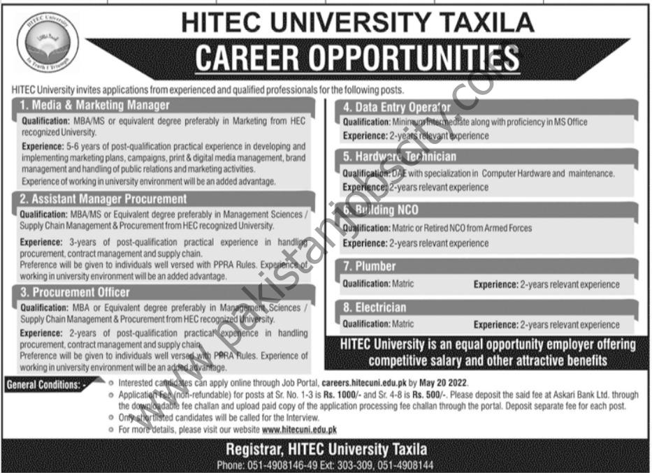 HITEC University Taxila Jobs 08 May 2022 Jang 1