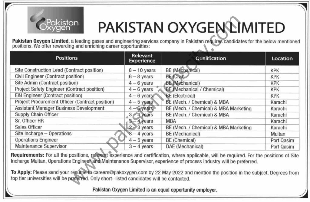 Pakistan Oxygen Ltd Jobs 15 May 2022 Dawn 1