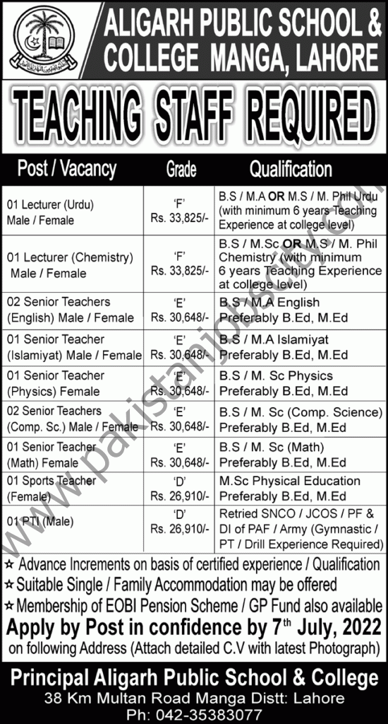 Aligarh Public School & College Manga Lahore Jobs 26 June 2022 Nawaiwaqt 1