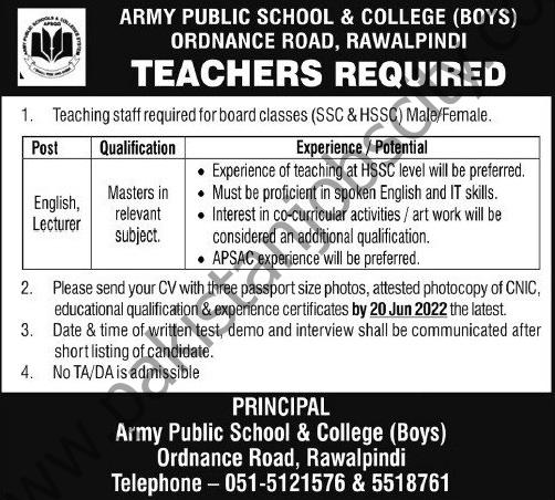 Army Public School & College (Boys) Ordnance Road Rawalpindi Jobs 12 June 2022 Express 1